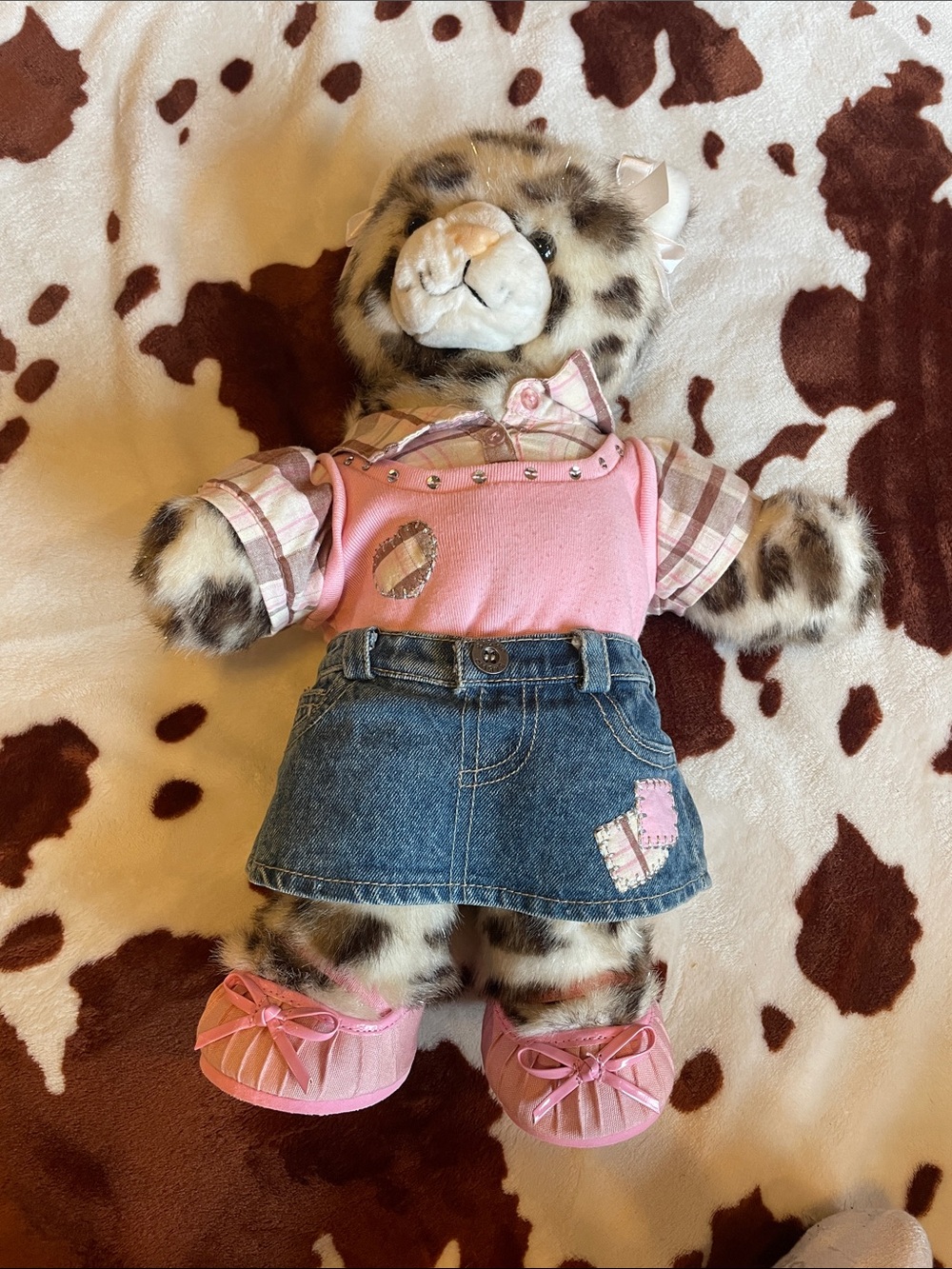 Build-A-Bear Pink Top & Denim Skirt Leopard Plush
